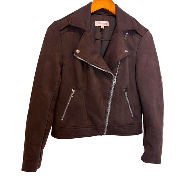 Philosophy - Faux Leather Suede Cropped Motorcycle Style Jacket-Brown-Women's XS - Picture 2 of 6